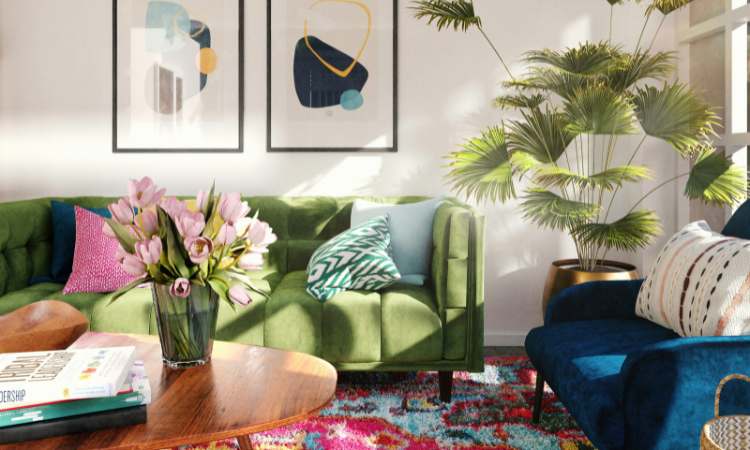 retro living room with green couch and blue chair colorful decor